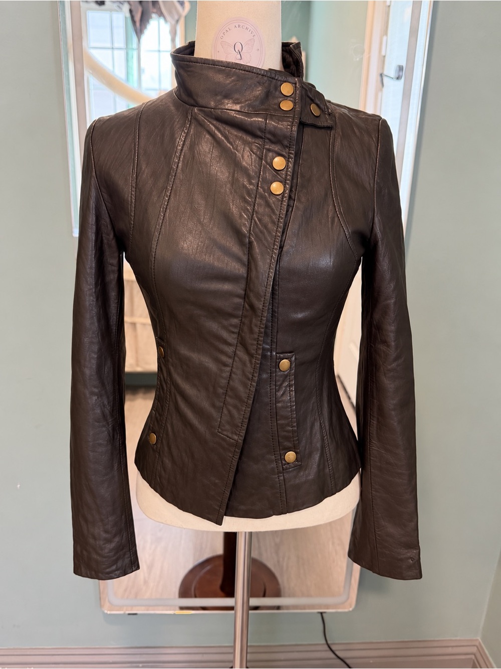 Korean Vintage Sheepskin Leather Asymmetric Military Moto Jacket XS S